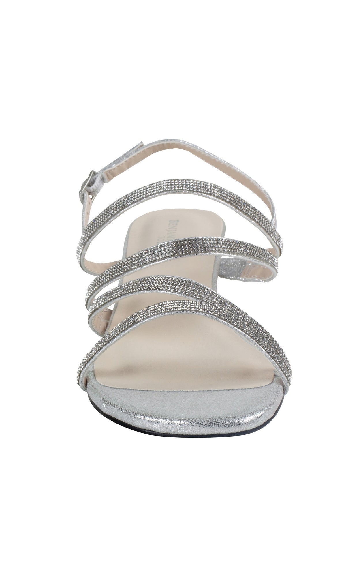 The Jodi Rhinestone Silver Prom Sandals by Touch Ups (4595) feature a jeweled open toe, rhinestone accents, silver strappy design, and an ankle buckle strap, displayed from the front on a white background.